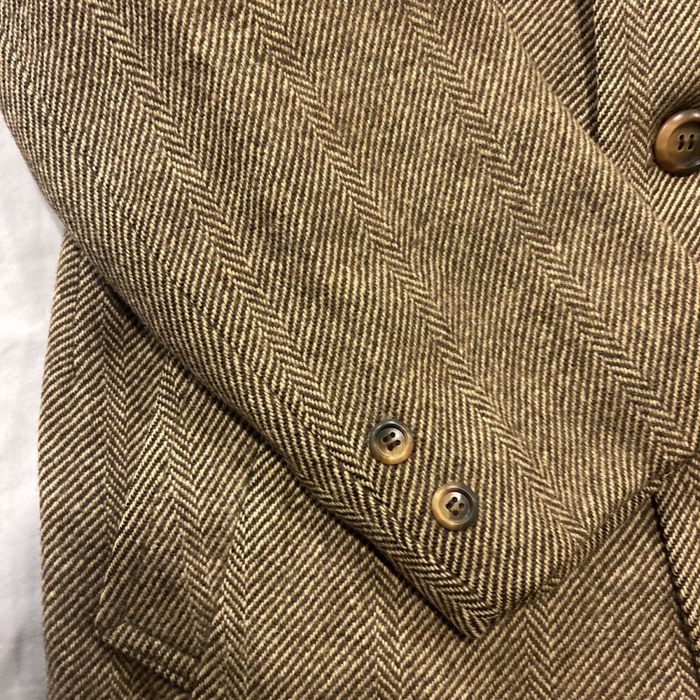 Vtg Sears Herringbone Wool Blend Coat Mens Large Faux Fur Collar Lined 60s 70s - Picture 4 of 16